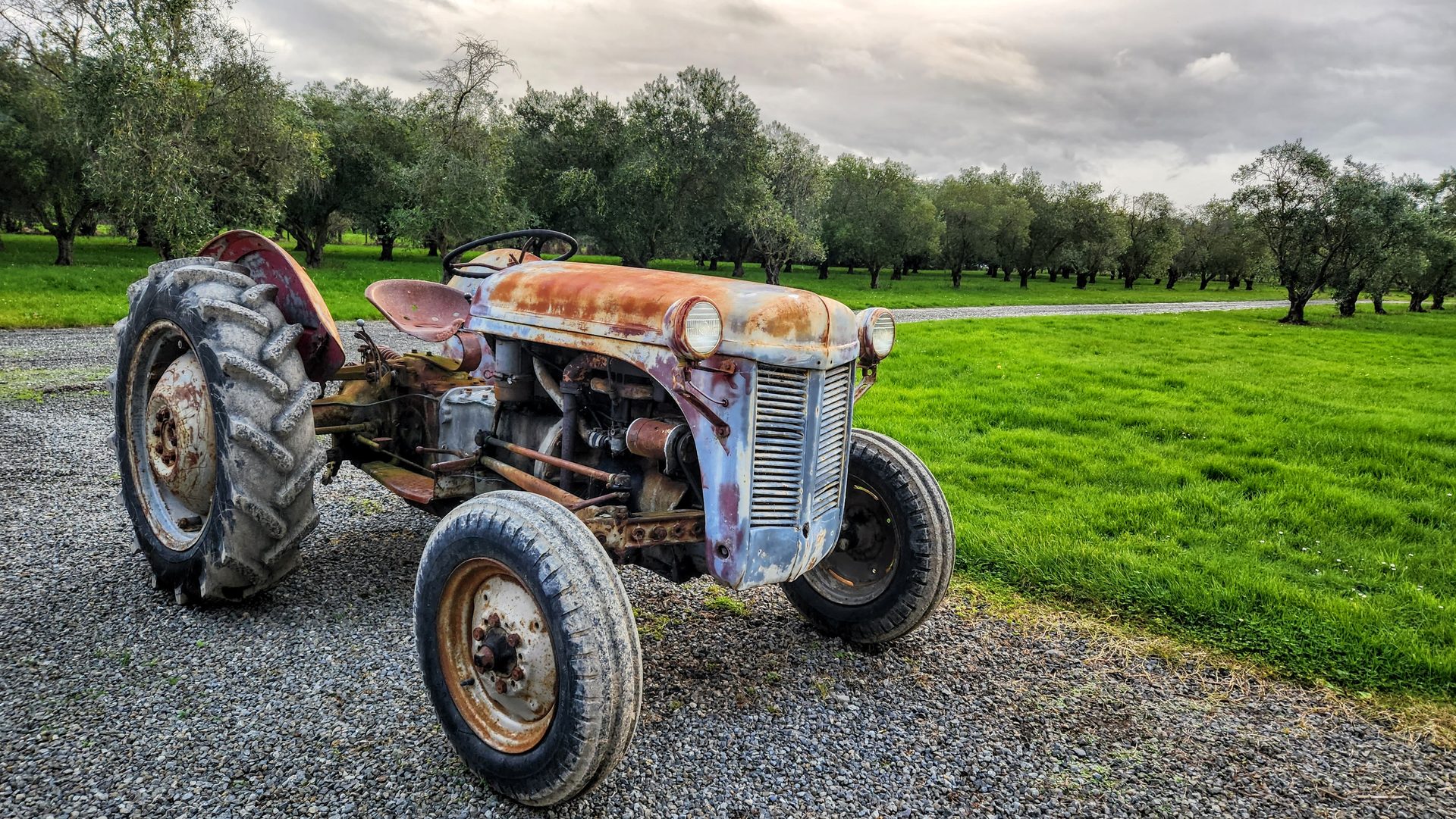 An unrestored Ferguson tractor in rust and faded paint, parked on gravel under a stormy sky