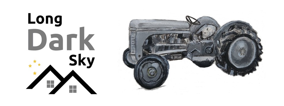 A painted illustration of a grey Ferguson tractor beside the Long Dark Sky logo