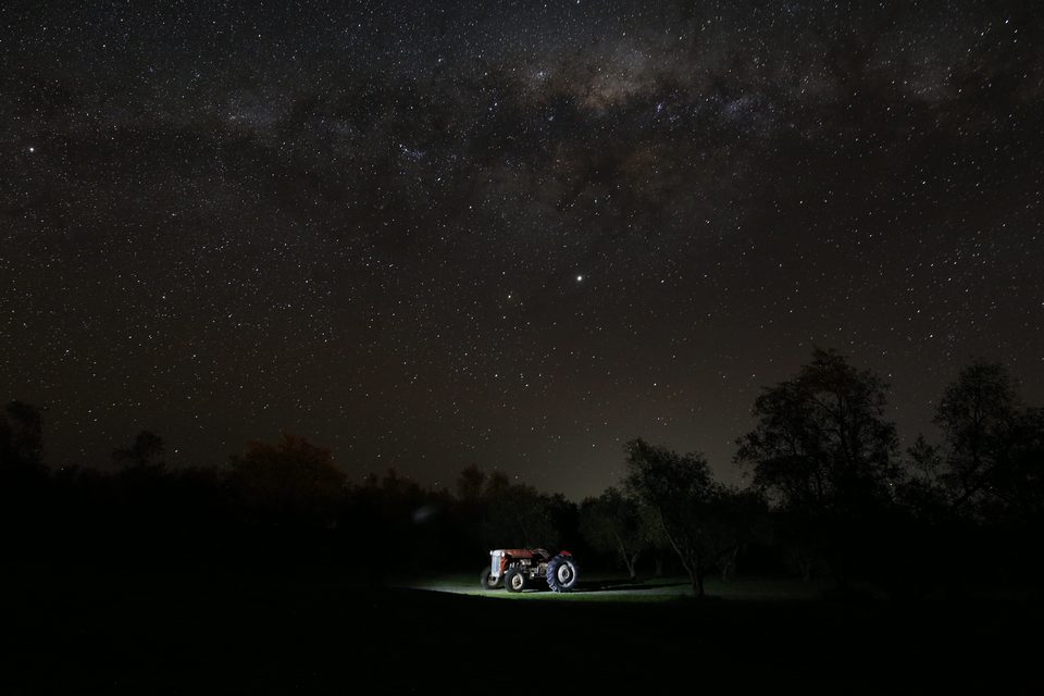 The Milky Way arching over a light-painted vintage tractor in the grove